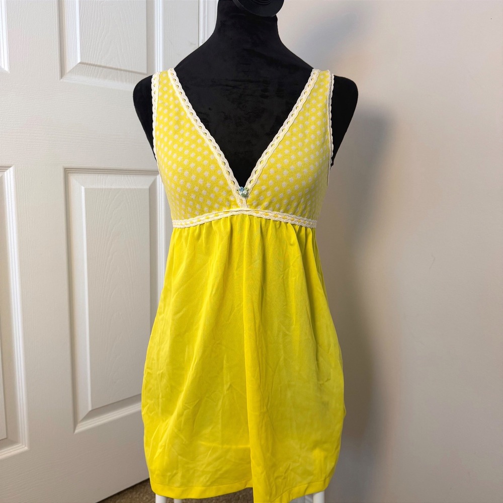 Vintage 70s Sears Yellow 100% Nylon Slip Dress Lingerie Yellow Floral Size S